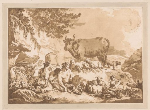 Resting satyrs among sheep and a cow in a landscape