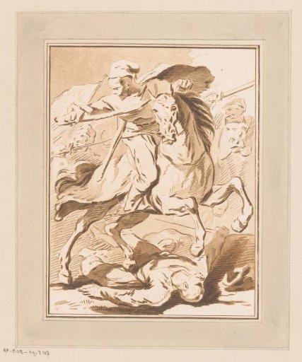Warrior on horseback riding over a man lying on the ground