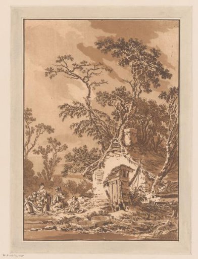 Three washerwomen with a child in front of a house