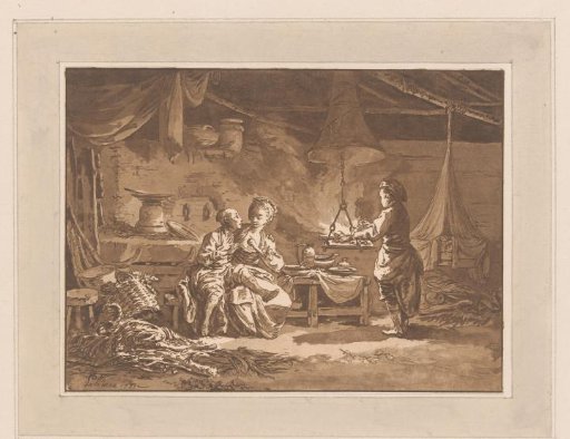 Interior of a barn with two figures on a bench and a man by a fire