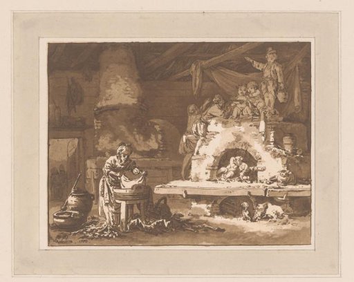 Interior with a washerwoman and children playing on a stove