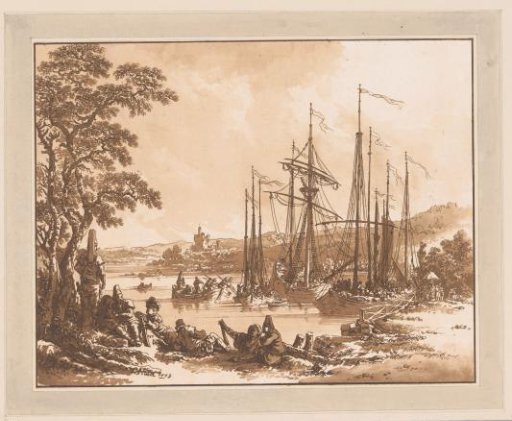 River Landscape with Docking Ships and Soldiers on the Bank