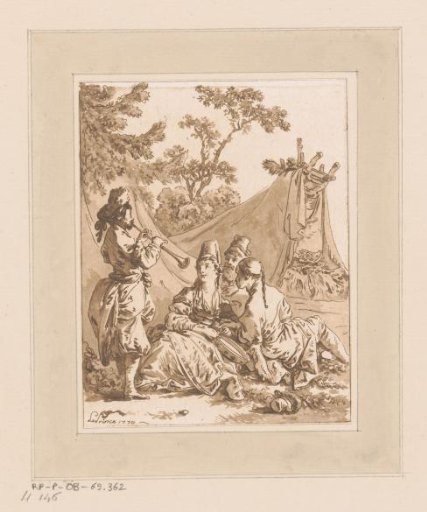 Young Woman with Two Men and a Shawm Player in a Tent Camp