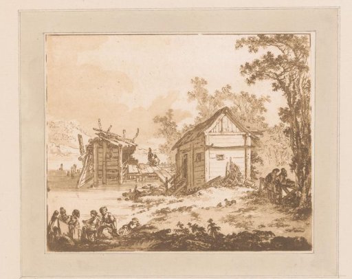 Two Huts at a Jetty with Fishermen and Other Figures