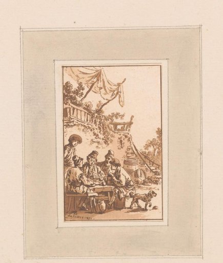 Man Reading the Newspaper to Four Figures Around a Table