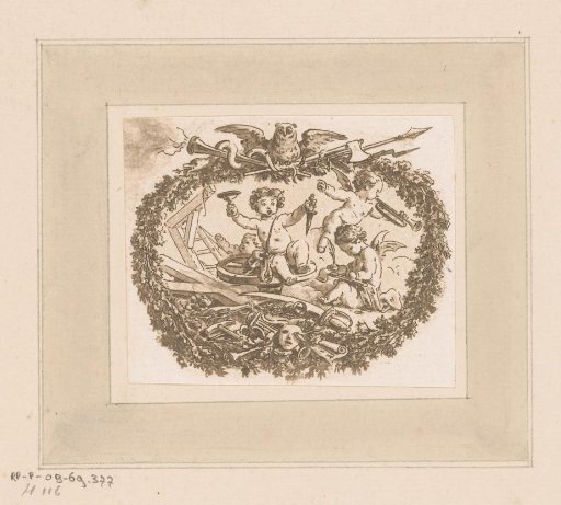 Vignette with Three Cupids in a Wreath of Foliage Surmounted by an Owl