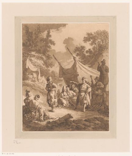 Resting and Dancing Travelers in Front of a Tent