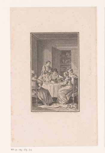 Interior with man and four women seated at a table
