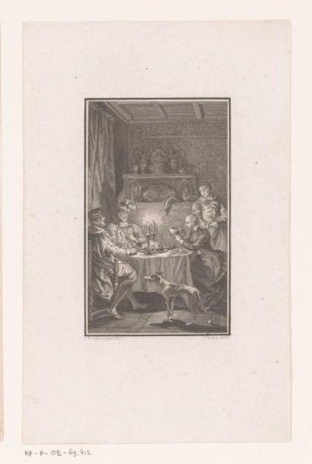 Two men and a bald woman with a skull at a candlelit table