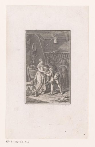 Man kisses the hand of a woman in a stable with horses