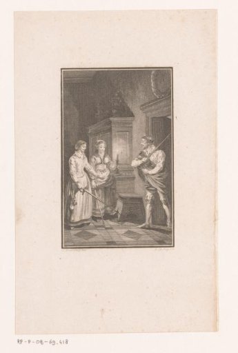 Two women and a man with a sword in an interior