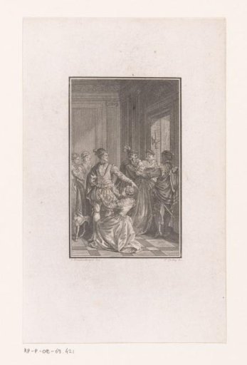 Lady carried off by two soldiers, while another lady kneels before a gentleman