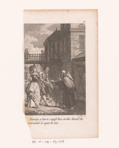 Beggar monk offering a gentleman a snuffbox on the street