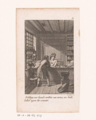 Man talking to a woman, leaning over the counter in a shop