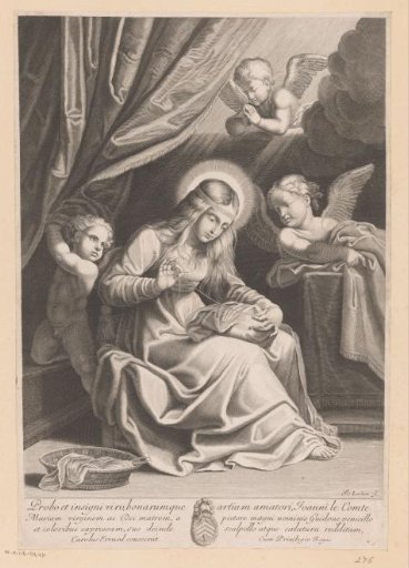 Mary Sewing or Embroidering in the Temple, Surrounded by Three Angels