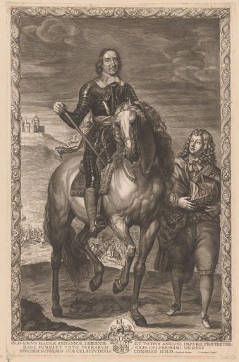 Oliver Cromwell in armour on horseback