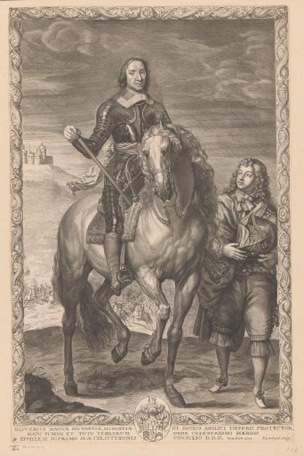Oliver Cromwell in armour on horseback