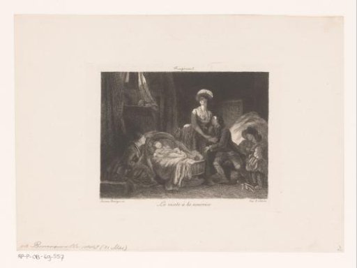 Interior with figures around a child in a cradle