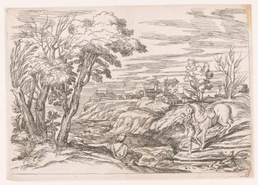 Landscape with a rider beside his horse and a view of a village by the water