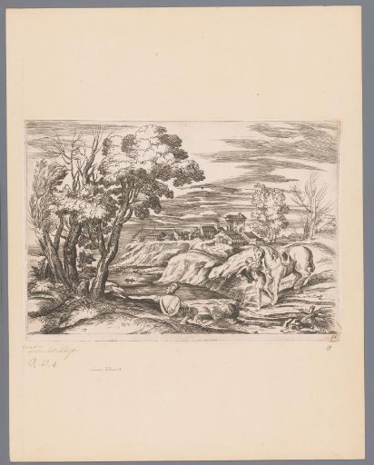 Landscape with a rider beside his horse and a view of a village by the water