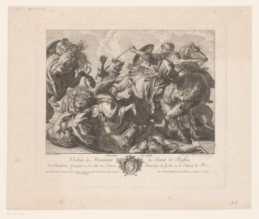 Horsemen in combat with lions