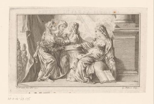 Four women around a column with chalice, apple and a book