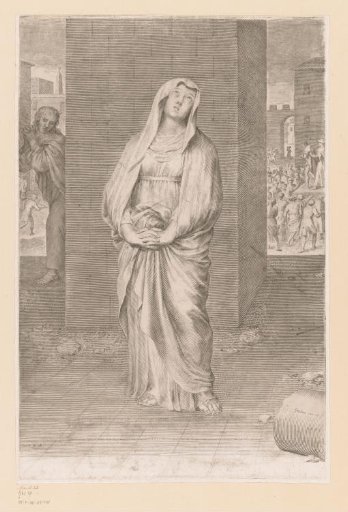 Mary by a wall with Christ shown to the people in the background