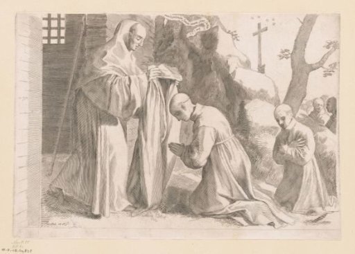 Monk Puts the Monastic Habit on the Kneeling Saint Bernard