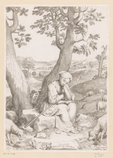 St. Genevieve, reading, with a flock of sheep in a landscape