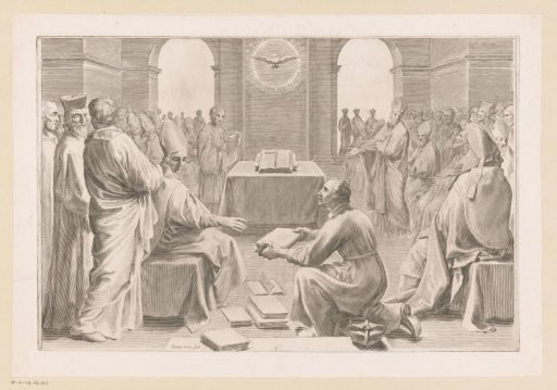 Council with the Holy Spirit above the Gospel, surrounded by clergy