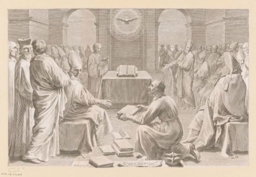 Council with the Holy Spirit above the Gospel, surrounded by clergy