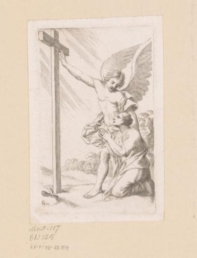 Angel and kneeling boy at a cross