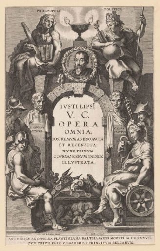 Allegorical title page with a stone arch and a medallion portrait of Justus Lipsius