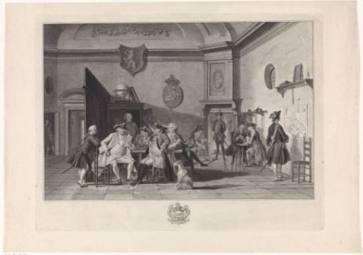 Waiting Room with Officers Reading, Smoking, and Playing Cards