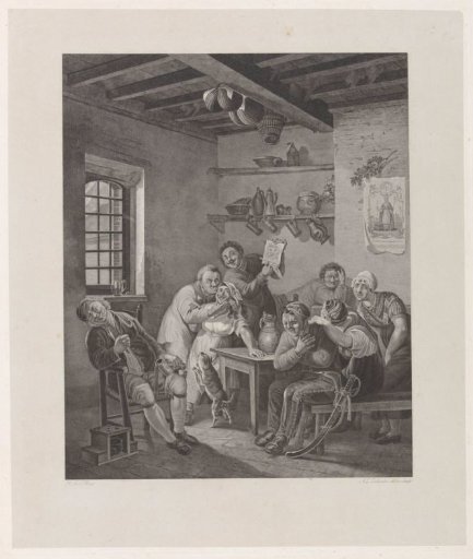 Drunken company laughing at a woman with a mustache