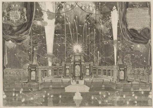 Fireworks in honor of the Peace of Aix-la-Chapelle at the pavilion on the Hofvijver in The Hague in 1749