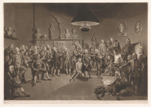 Members of the Royal Academy in an interior with a male nude model, 1768