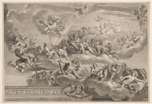Ceiling painting with a classical pantheon of gods and heroes