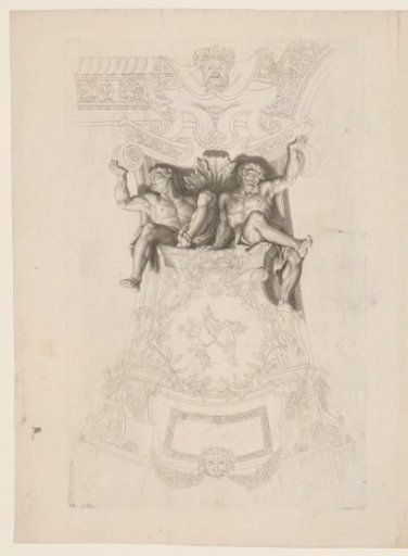 Part of a ceiling painting with two nude male figures