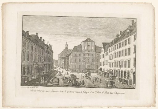 View of a fish market in Cologne with St. Peter's Church