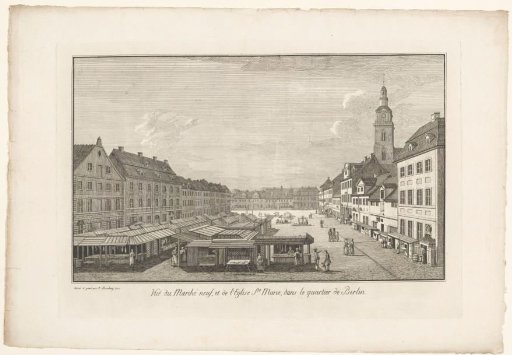 View of a market in Berlin with the Marienkirche