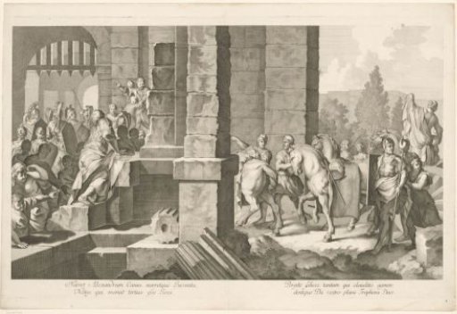 Military procession entering a building