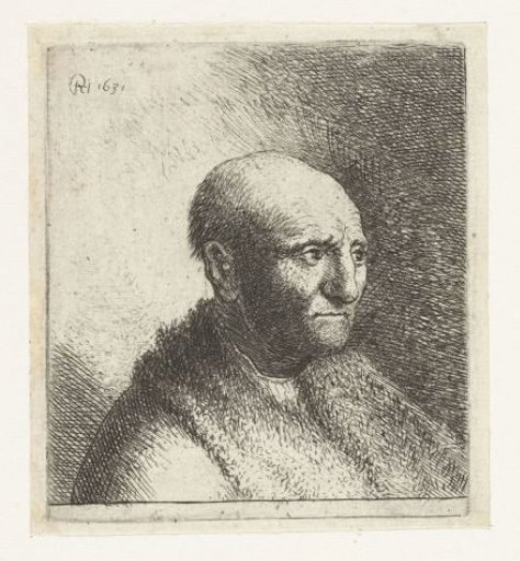 Bald man in a fur cloak: bust