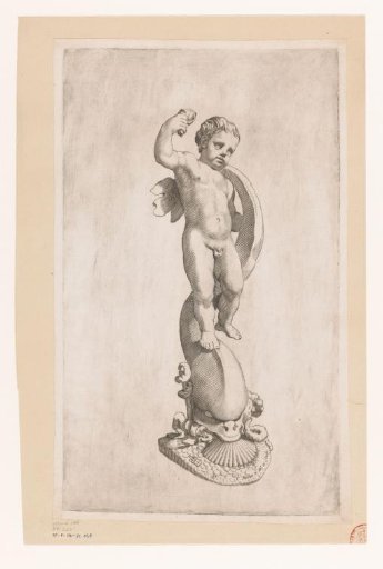 Statue of a child standing on a dolphin