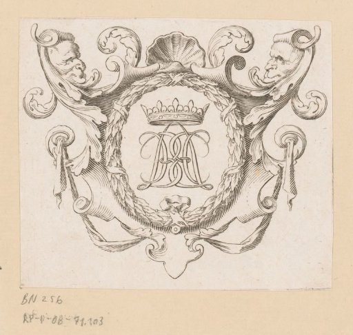 Crowned letters in ornamental frame