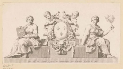 Coat of arms of the notaries of the Châtelet in Paris with personifications of Good Faith and the Law