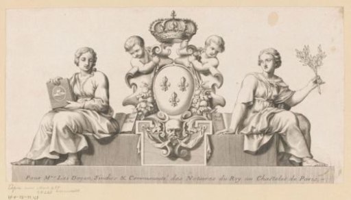 Coat of arms of the notaries of the Châtelet in Paris with personifications of Good Faith and the Law
