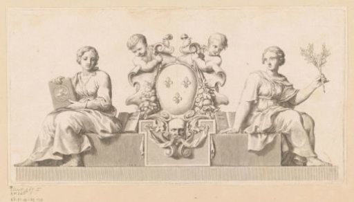Coat of arms of the notaries of the Châtelet in Paris with personifications of Good Faith and the Law