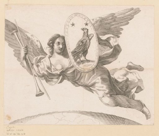 Female figure with wings and coat of arms
