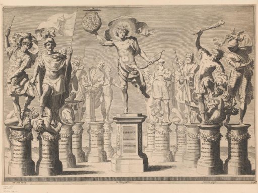 Allegory in honor of the House of Savoy with legendary figures on pedestals